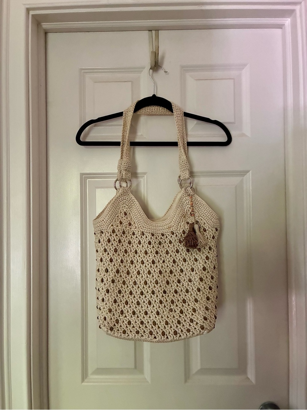 The Sak Cream Crochet Tote Bag with Beads Tassel